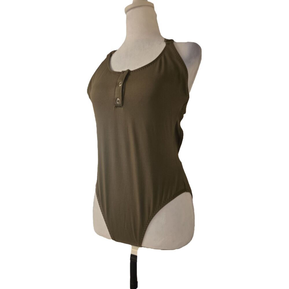 Ralph Lauren Polo One Piece Swimsuit Snap Front Cross Back Olive Green M Prep - Picture 5 of 8